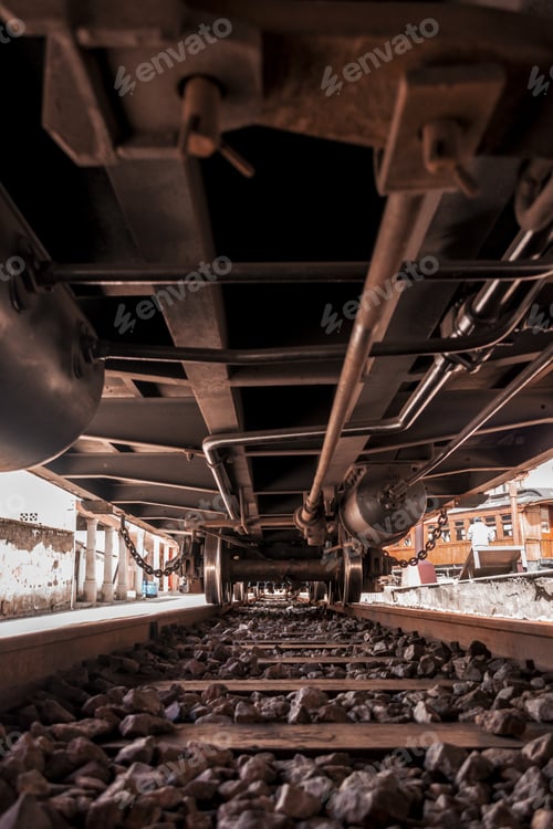 Preview: View under a freight train on a railway