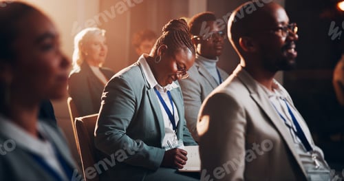 Preview: Business, woman and writing at presentation seminar for notes, listening and corporate training of