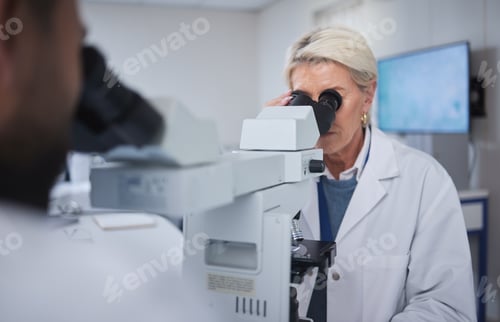 Preview: Mature woman, science or laboratory microscope in medical research, future dna engineering or bacte