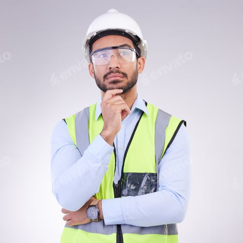 Preview: Construction worker thinking, serious man with ideas and architect or engineer in building industry