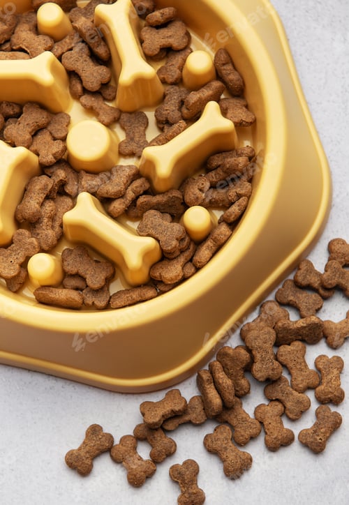 Preview: Dry dog food in slow feeder bowl preventing gulping