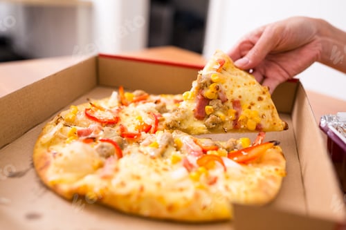 Preview: People taking out a slice of pizza