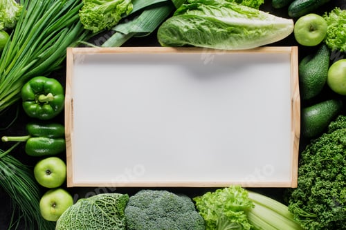 Preview: top view of blank tray between green vegetables, healthy eating concept