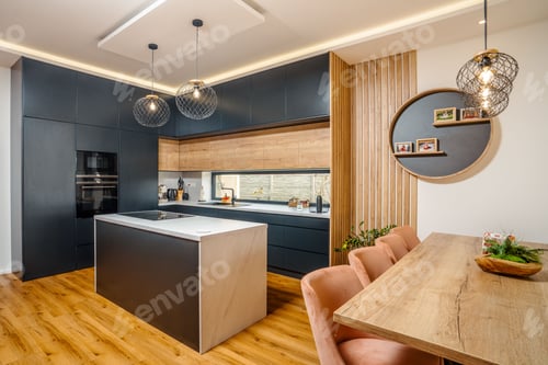 Preview: Modern kitchen with a combination of black cabinets, white marble and wooden accents