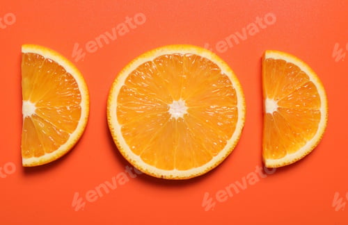 Preview: Slices of juicy orange on terracotta background, flat lay