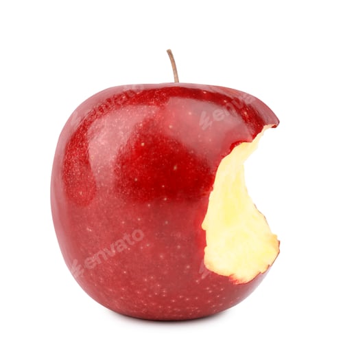 Preview: Ripe juicy red apple with bite mark on white background