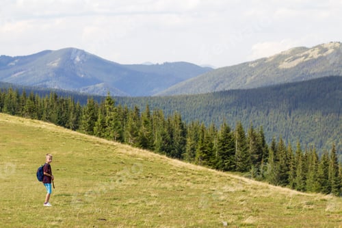 Preview: Young happy child boy with backpack walking in mountain grassy valley