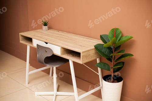 Preview: Modern empty wooden table and green plant