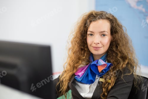 Preview: Woman officer at check in counter working on computer looking at camera