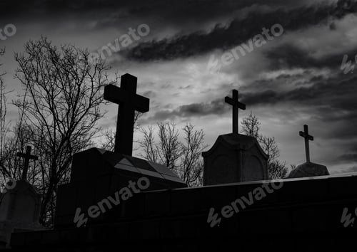 Preview: Halloween day concept. Cemetery or graveyard in the night with dark sky. Haunted cemetery. Spooky