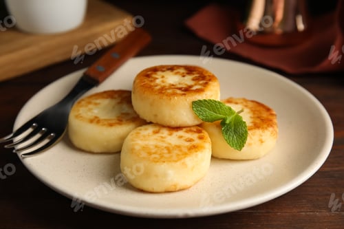 Preview: Delicious cottage cheese pancakes with mint on wooden table