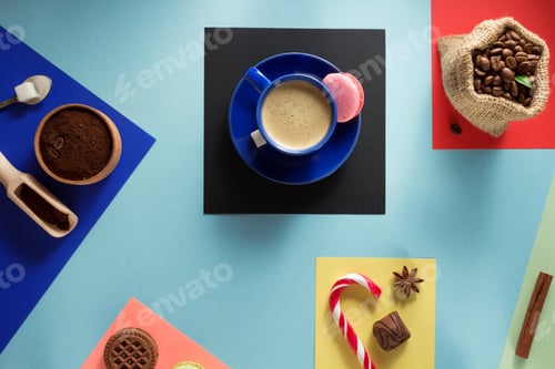 Preview: cup of coffee and beans on paper