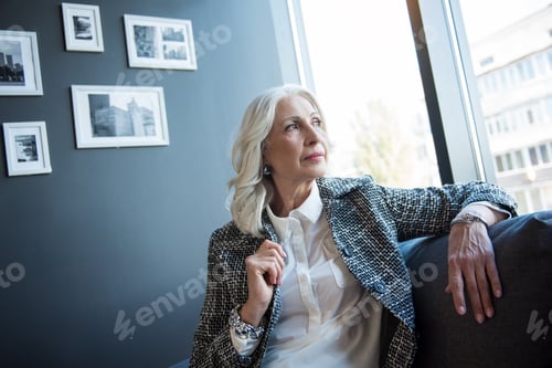 Preview: Elegant Serious Businesswoman Is Sitting On Couch
