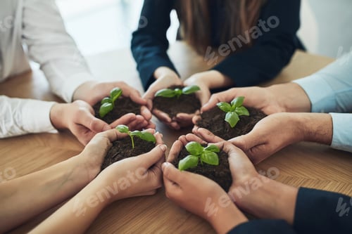 Preview: Cropped shot of a group of businesspeople holding plants growing out of soil