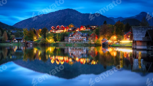 Preview: Grundlsee lake in Alps mountains. Night scene