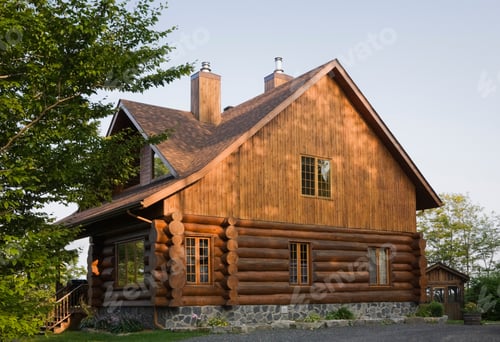 Preview: Exterior of cottage style log house with cedar shingles