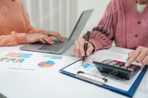 Preview: two individuals are engaged in accounting work. One person is wearing a pink sweater they both