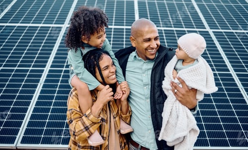 Preview: Black family, children or renewable energy with parents and daughter siblings on a farm together fo