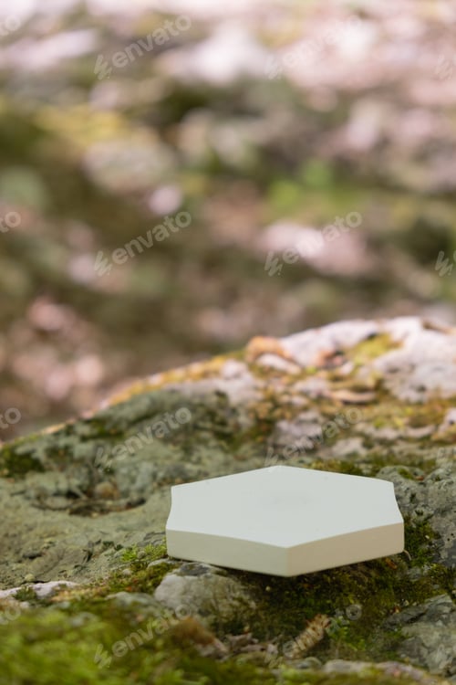 Preview: Product podium resting on a natural stone surface amidst greenery under soft daylight