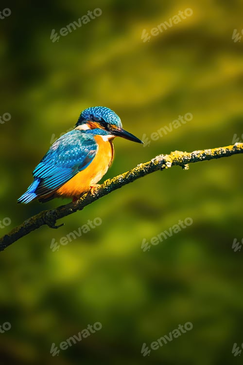 Preview: Vertical shot of a river kingfishers perched on a tree branch in a field