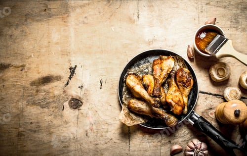 Preview: Fried chicken legs in pan with tomato sauce