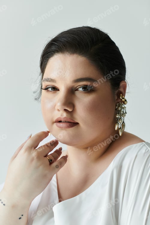 Preview: Elegant plus-size bride in a stunning dress and bold earrings on a grey backdrop