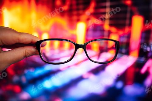 Preview: Hand holding black eyeglasses in front of a vibrant blurred background with colorful lights