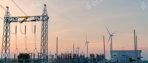 Preview: Wind turbines generate electricity. Electric current redistribution substation.