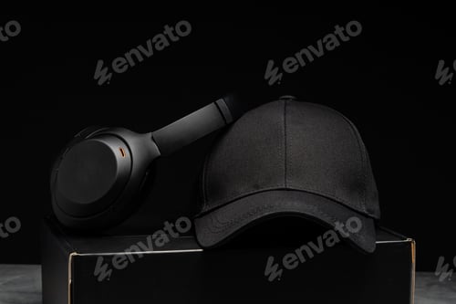 Preview: Baseball cap with black headphones on dark background