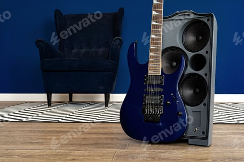 Preview: Guitar setup against classic blue wall in apartment