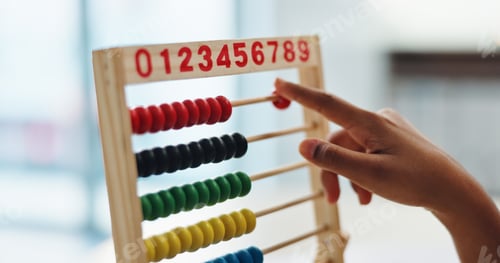 Preview: Hand, abacus and child learning math for brain development, study or arithmetic. Kid, person and ca