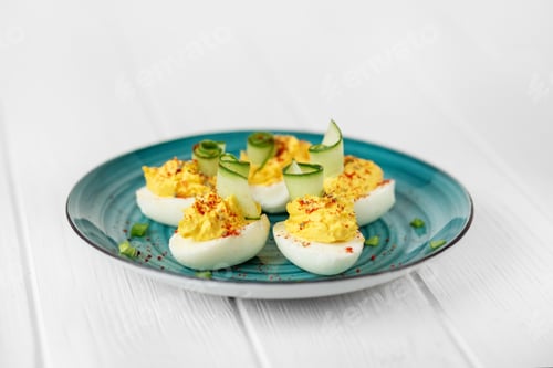 Preview: Stuffed eggs. The concept of food, breakfast, catering.