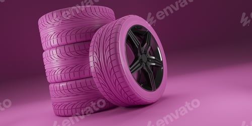 Preview: Pink Car wheels on pink background. Women racing concept. Poster design. Stack. 3d illustration.