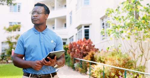 Preview: Thinking, nurse and tablet with black man outdoor for healthcare report, reflection and Alzheimer s