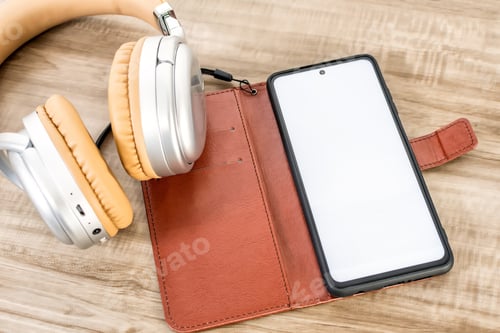 Preview: Cell phone in a brown leather case and wireless headphones on the side on a wooden table