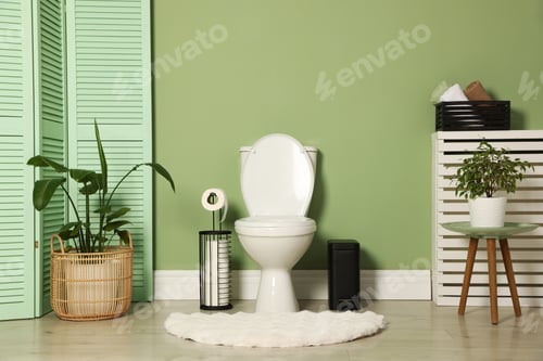 Preview: Ceramic toilet bowl, houseplants and necessities near green wall indoors