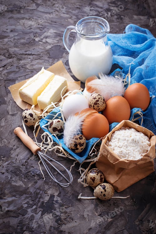 Preview: Ingredients for baking. Milk, butter, eggs, flour