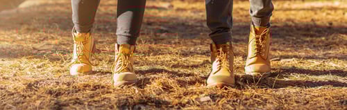 Preview: Panoramic view of two human feet hiking in woods