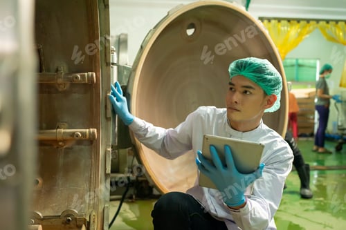 Preview: worker working in drink factory at conveyor belt with fruit juice glass bottled in production line