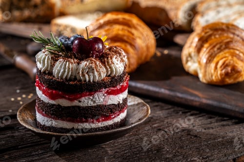 Vorschau: chocolate cake Delicious dessert on a white plate surrounded by assorted pastries and a cup of coffe