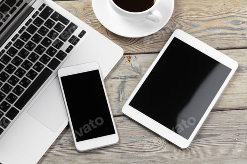 Preview: Open laptop with digital tablet and smartphone close up