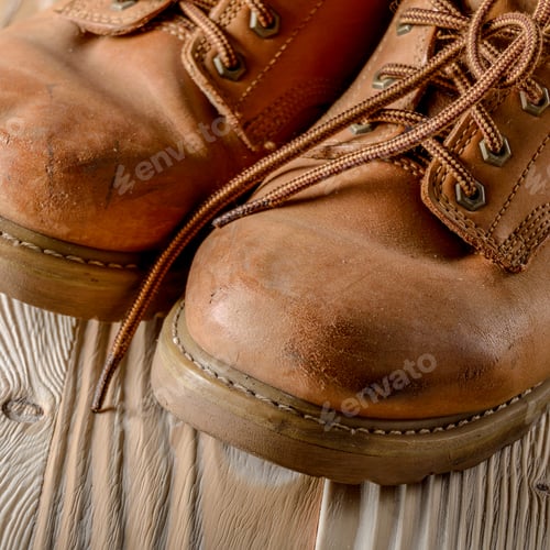 Preview: Yellow leather used work boots on wooden background closeup. Pla