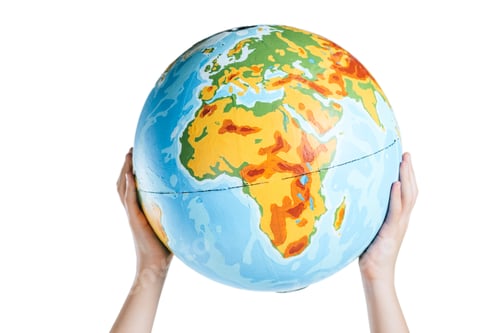 Preview: partial view of child holding globe in raised hands isolated on white, earth day concept