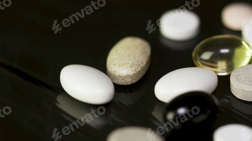 Preview: Pills spinning. Pile of several medicines. White tablets with pills on black background. Opened