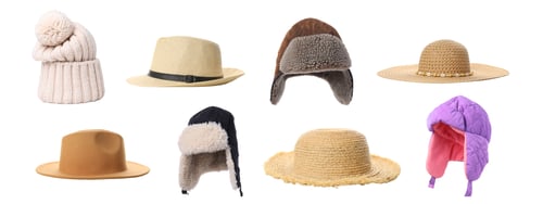 Preview: Various hats lined up on a white background