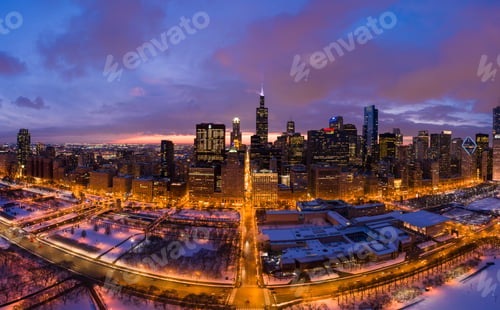 Preview: Urban Skyline of Chicago Loop at Night in Winter. Blue Hour. Aerial View. United States of America