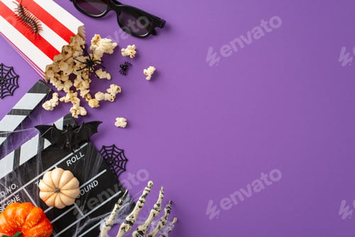 Preview: Ignite the Halloween fervor with high-angle shot featuring cinema essentials, food