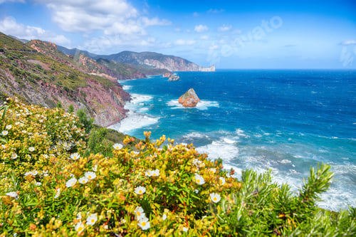 Preview: Attractive spring view of Nebida and Masua coast and Pan Di Zucchero on background.