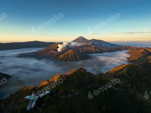 Preview: Aerial drone view of Bromo active volcano with Kingkong hill viewpoint, Indonesia
