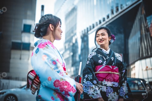 Preview: Two japanese girls wearing kimonos traditional clothes, lifestyle moments